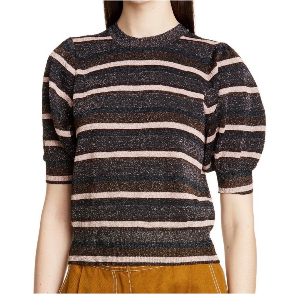 Ulla Johnson Albi Metallic Striped Puff Sleeve Knit Top Charcoal S party holiday